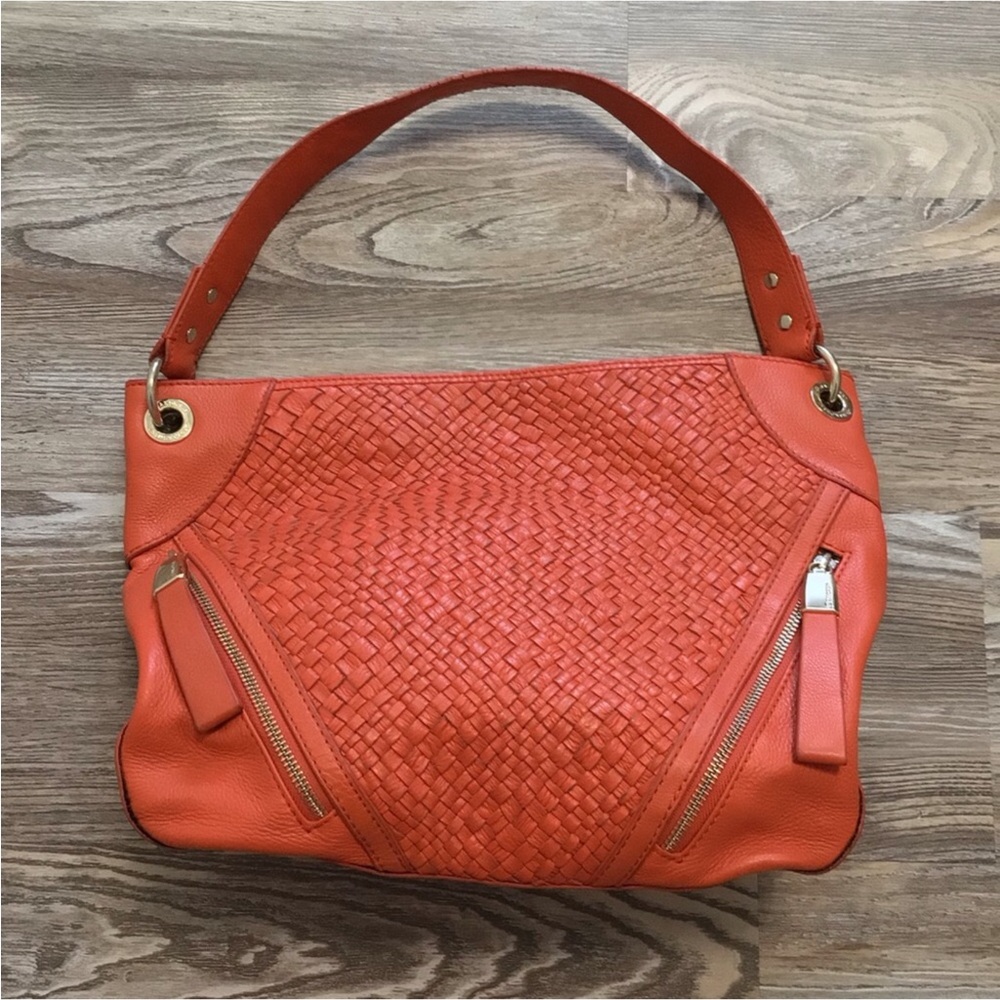 B Markowsky Orange Shoulder Hobo Bag Woven and Pebble Leather